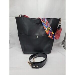 Bostanten Black Tote Bag with Colorful Strap Outer Pockets Magnet Close 11x12x5